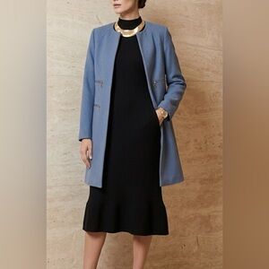 Tahari Arthur S Levine Blue Collarless Zipper‎ Detail Topper Coat Petite 0P